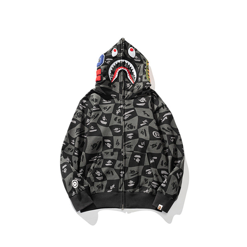 Bathing Ape Hoodie Checkered Embroidered Black and Grey Sweater Zipper Hooded Jacket Cardigan