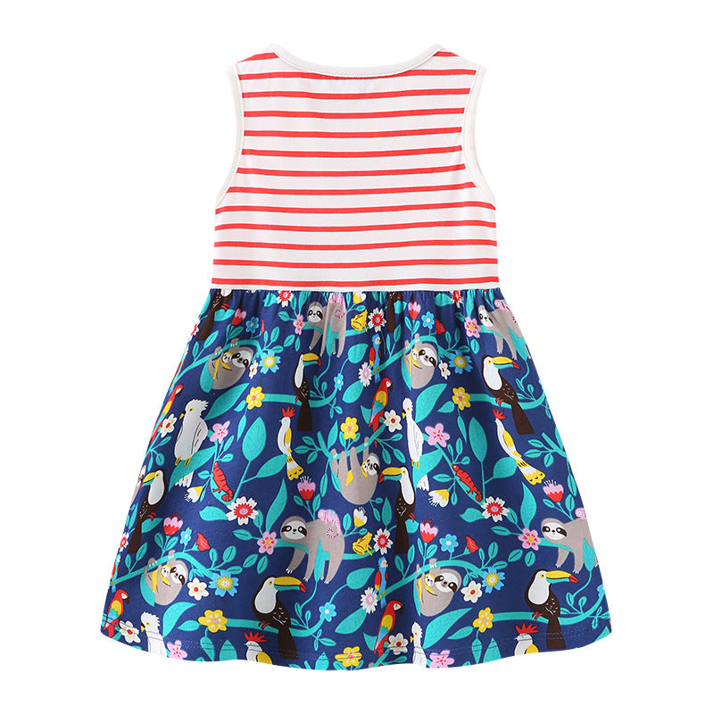 Girl Dress Girls' Summer Knitted Cotton Cartoon Printed Princess Dress Children round Neck