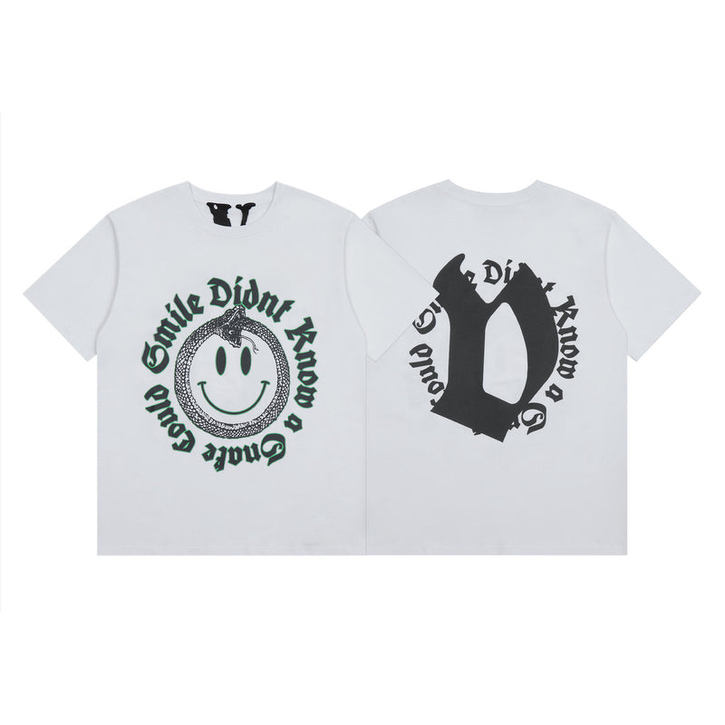 Vlone T Shirt Spring Summer Smiley Letter Pattern Crew Neck