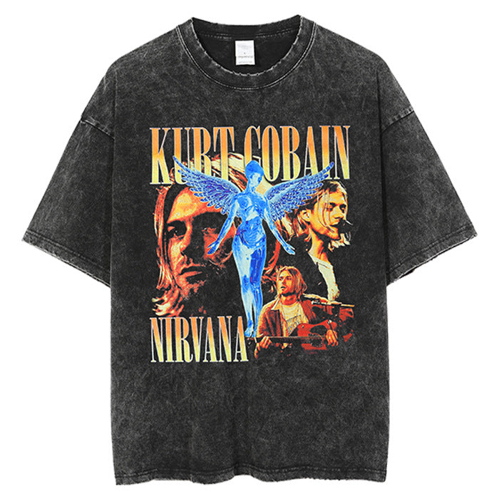 Rock Band T Shirt Short-Sleeved T-shirt Loose Hip Hop Washed Old