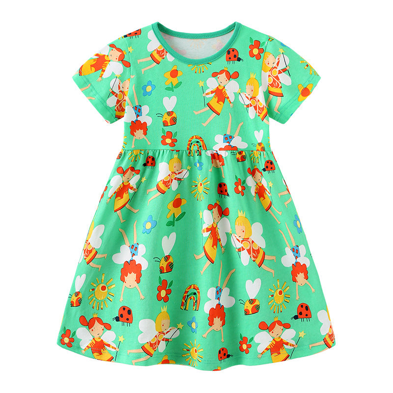 Girl Dress Girls' Summer Knitted Cartoon Printed Princess Dress round Neck