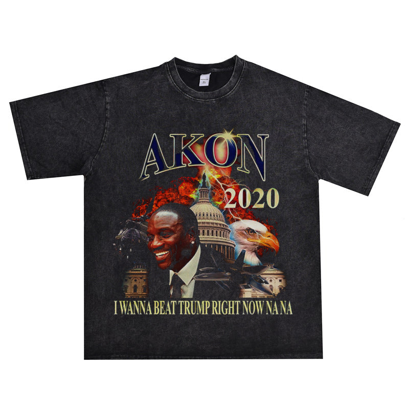 Rock Star T Shirt Pure Cotton Printed Washed Distressed T-shirt Short Sleeve Men and Women Loose