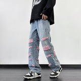 Unisex Jeans Ripped Straight Jeans Loose Wide Leg Pants Casual Trousers