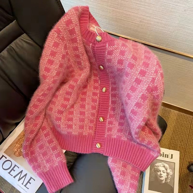Girl Jacket Girl's Sweater Plaid Warm Cardigan Top Autumn and Winter