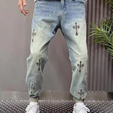 Unisex Jeans with Cross Embroidery