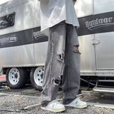 Unisex Jeans Ripped Straight Retro Handsome Elastic Waist Jeans