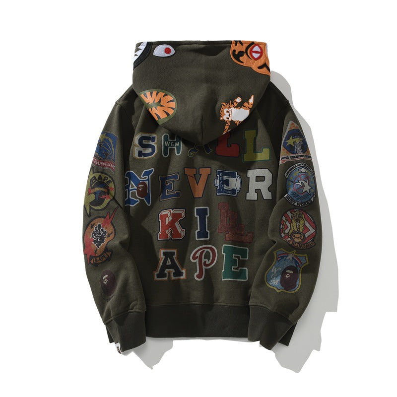 Bathing Ape Hoodie Joint Tiger Head Multi-pattern Printed Shark Hooded Cardigan Zip Sweater Jacket