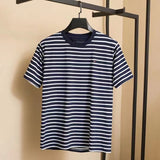 Tommy T Shirts Tommy Fashion Striped Yarn-Dyed Stitching Fabric round Neck Short Sleeve T-shirt