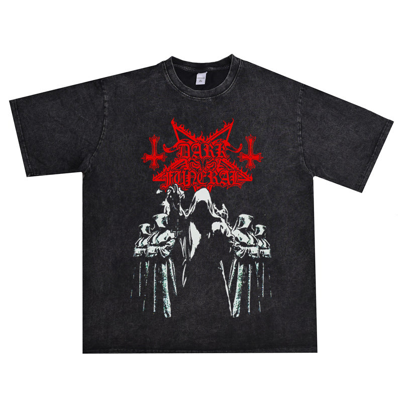 Rock Star T Shirt Dark Funeral Band Washed Distressed T-shirt Short Sleeve Men and Women Loose