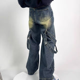 Unisex Jeans Vintage Contrast Jeans Loose Straight Pants Washed Trousers