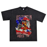Rock Star T Shirt Zeppelin Airship Rock Team Washed Distressed T-shirt Loose Short Sleeve Men