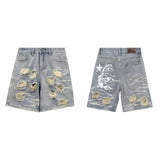 HS jeans Vintage Ripped Denim Shorts with Star Graphic and Distressed Details