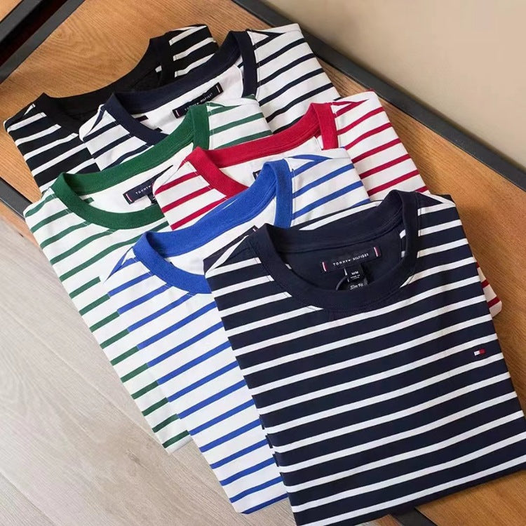 Tommy T Shirts Tommy Summer Simple Fashion round Neck Striped Yarn-Dyed Stitching T-shirt