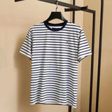 Tommy T Shirts Tommy Fashion Striped Yarn-Dyed Stitching Fabric round Neck Short Sleeve T-shirt