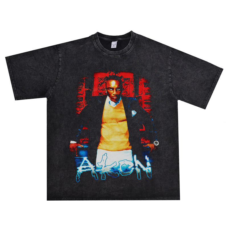 Rock Star T Shirt Pure Cotton Printed Washed Distressed T-shirt Short Sleeve Men and Women Loose