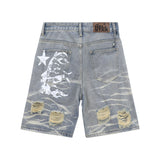 HS jeans Vintage Ripped Denim Shorts with Star Graphic and Distressed Details