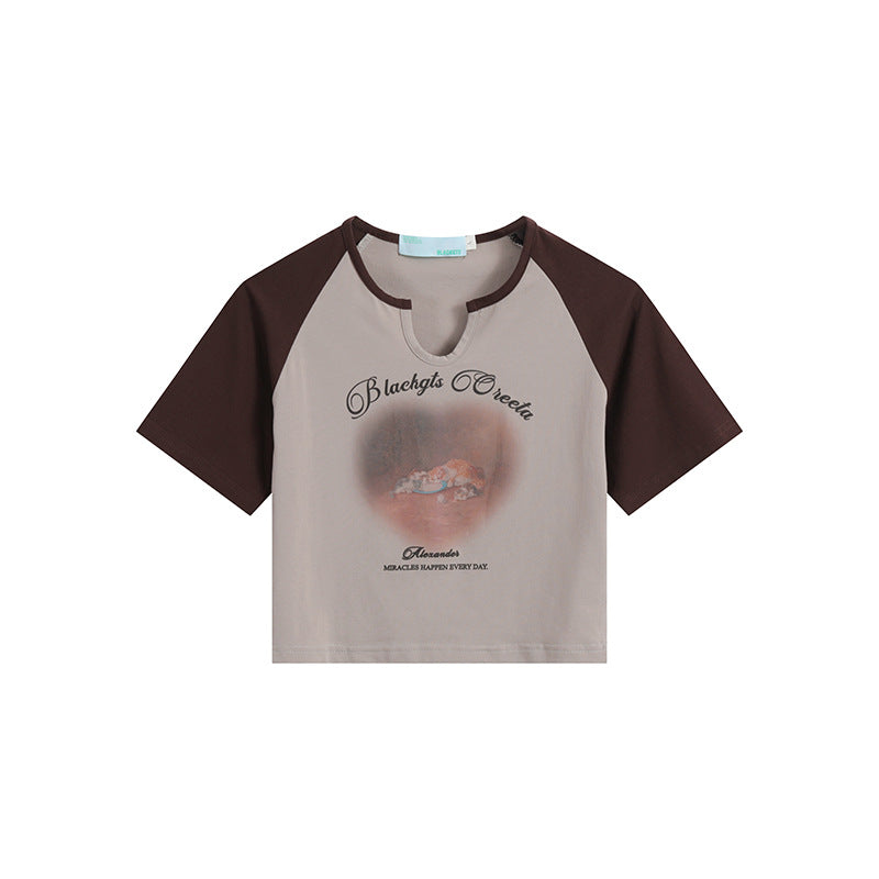 After Prom Shirt Summer U-Neck T-shirt Cat Printing Short T-shirt Women's Fashion Brand Raglan Sleeve T-shirt
