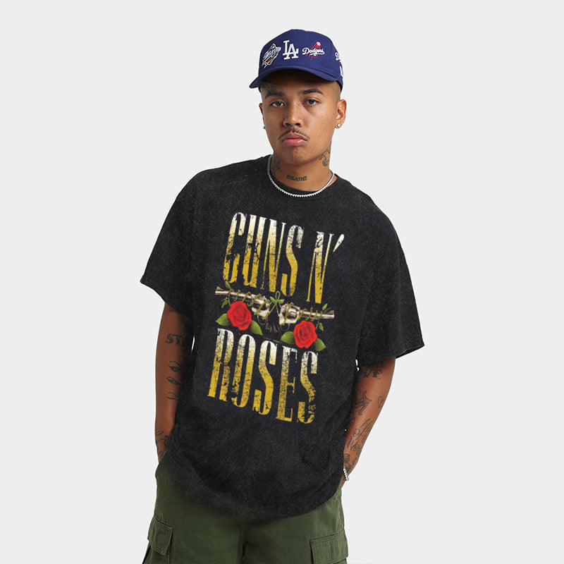 Rock Band T Shirt Washed Short Sleeve T-shirt round Neck