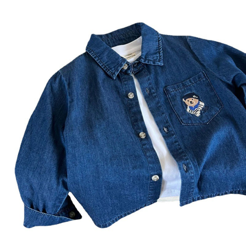 Boy Jacket Boys' Shirt Denim Jacket Spring and Autumn Cotton Western Style Versatile Casual Top