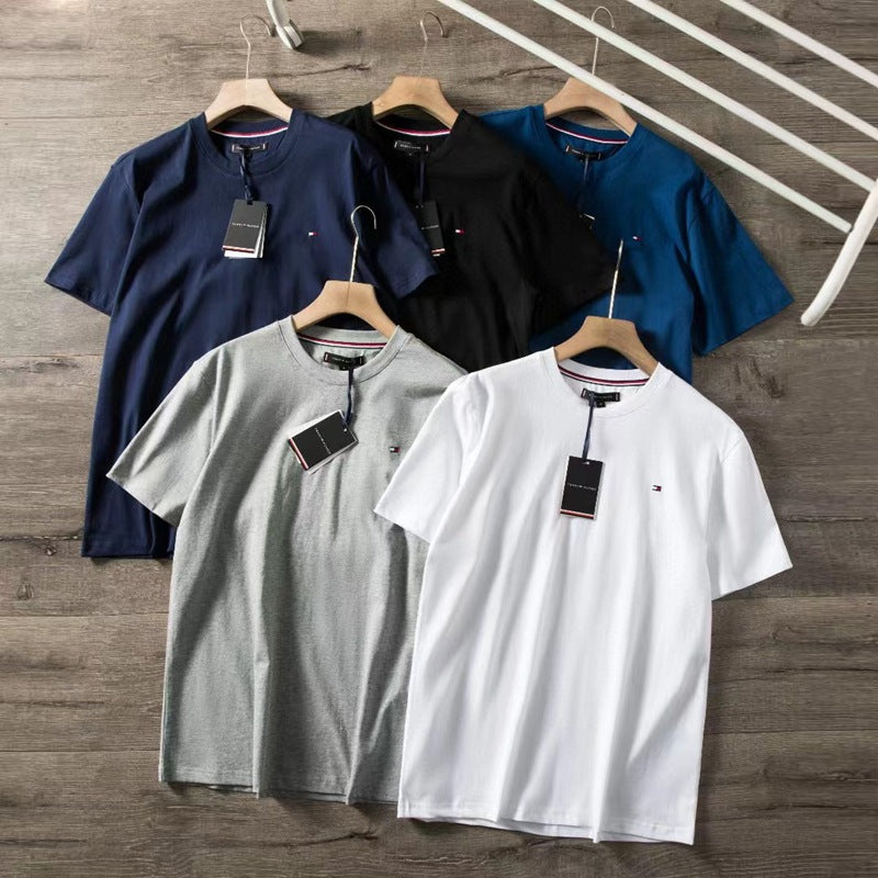 Tommy T Shirts Tommy Men's Embroidery round Neck Tee Cotton Short Sleeve T-shirt