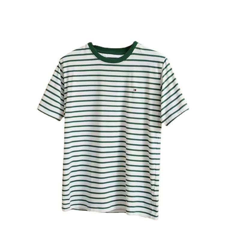 Tommy T Shirts Tommy Fashion Striped Yarn-Dyed Stitching Fabric round Neck Short Sleeve T-shirt