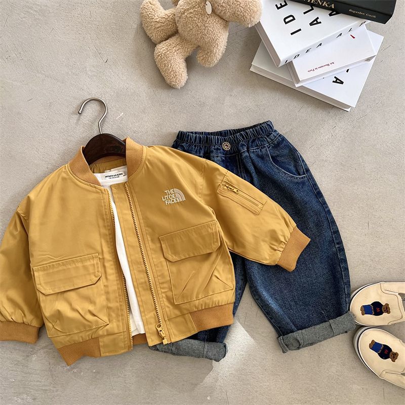 Boy Jacket Kids' Coat Spring and Autumn Color Embroidered Jacket Big Workwear with Pocket Baseball Uniform