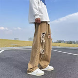 Unisex Jeans Ripped Straight Retro Handsome Elastic Waist Jeans