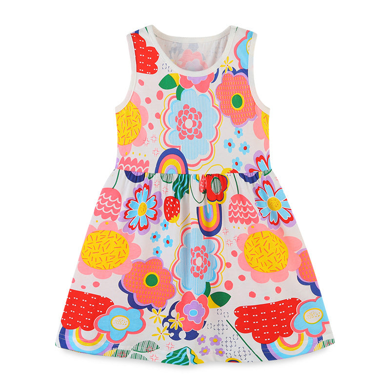 Girl Dress Children Shirt Knitted Cotton Summer Girls' Vest round Neck Cartoon Printed Princess Dress