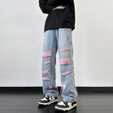 Unisex Jeans Ripped Straight Jeans Loose Wide Leg Pants Casual Trousers
