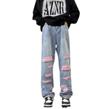 Unisex Jeans Ripped Straight Jeans Loose Wide Leg Pants Casual Trousers