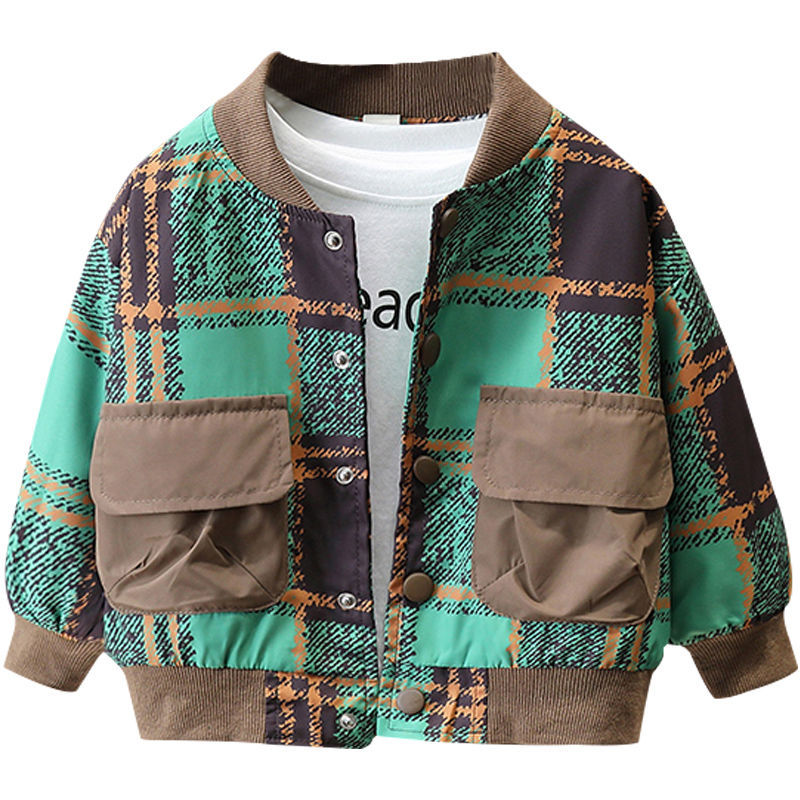 Boy Jacket Boys' Plaid Jacket Spring and Autumn Baby Spring Outfit Clothes Korean Coat Handsome