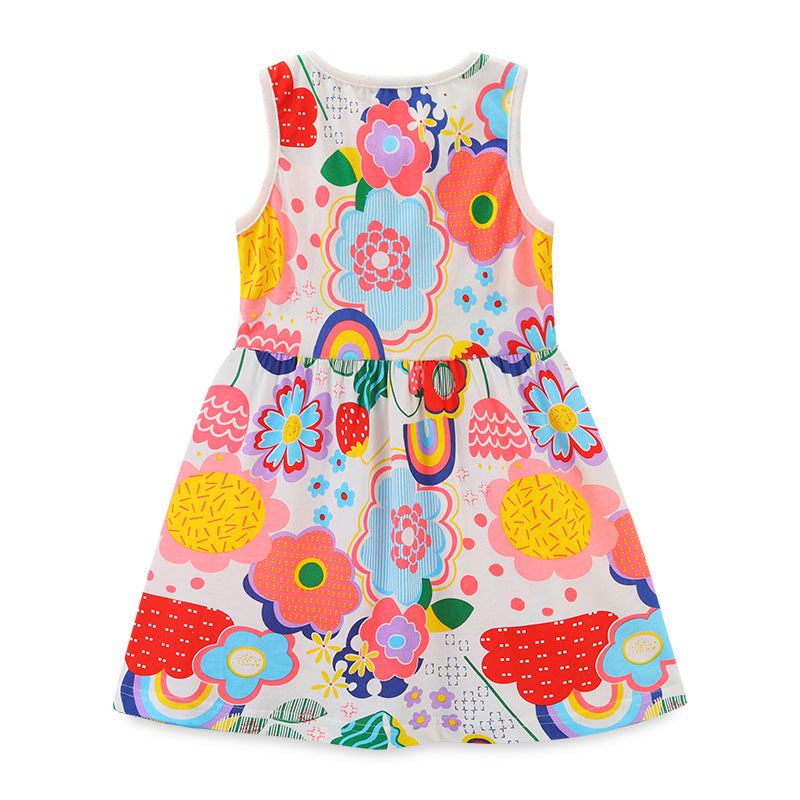 Girl Dress Children Shirt Knitted Cotton Summer Girls' Vest round Neck Cartoon Printed Princess Dress