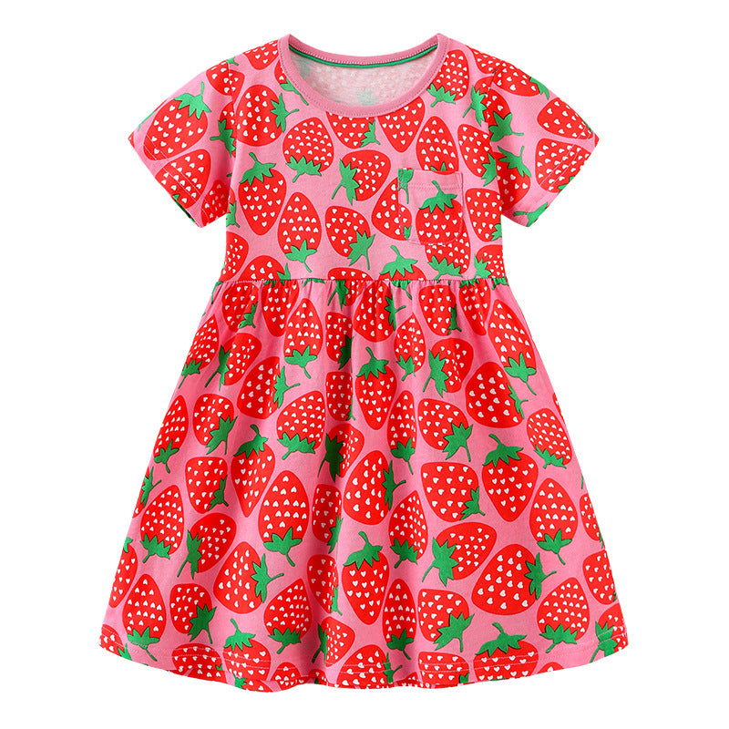 Girl Dress Summer Girls' Dress Style Knitted Cotton Short Sleeve Cute Print