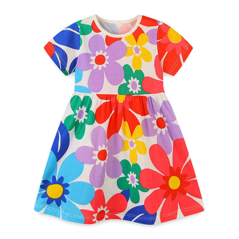Girl Dress Summer Cartoon Printed Princess Dress Pullover round Neck