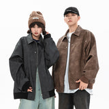 Unisex Baseball Jersey Vintage Lapel Leather Jacket Loose Pu Leather Casual Jacket