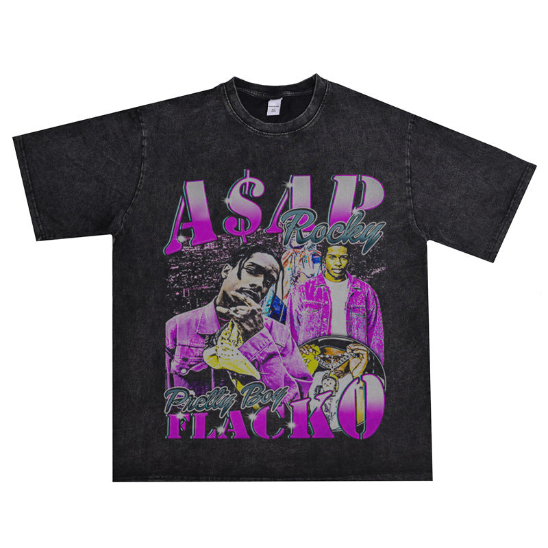 Rock Star T Shirt Street Washed Distressed T-shirt Short Sleeve Loose