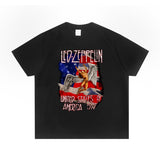 Rock Star T Shirt Zeppelin Airship Rock Team Washed Distressed T-shirt Loose Short Sleeve Men
