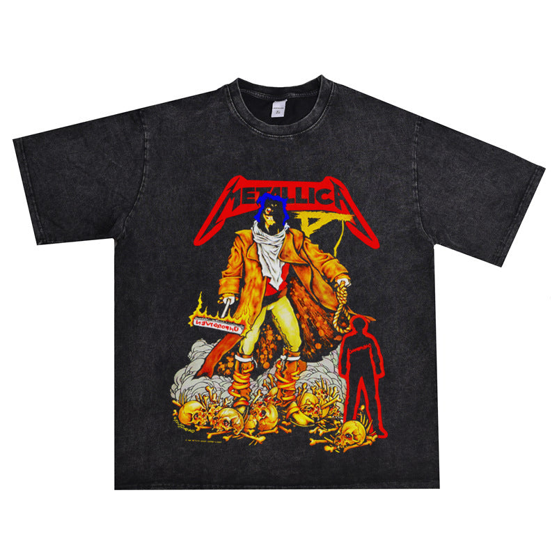 Rock Star T Shirt Metallica Rock Washed Distressed T-shirt Loose Street Men and Women