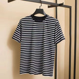 Tommy T Shirts Tommy Summer Simple Fashion round Neck Striped Yarn-Dyed Stitching T-shirt