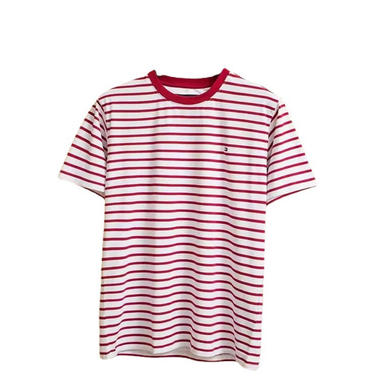 Tommy T Shirts Tommy Summer Simple Fashion round Neck Striped Yarn-Dyed Stitching T-shirt