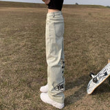 Unisex Jeans Alphabet Print Old Jeans Loose