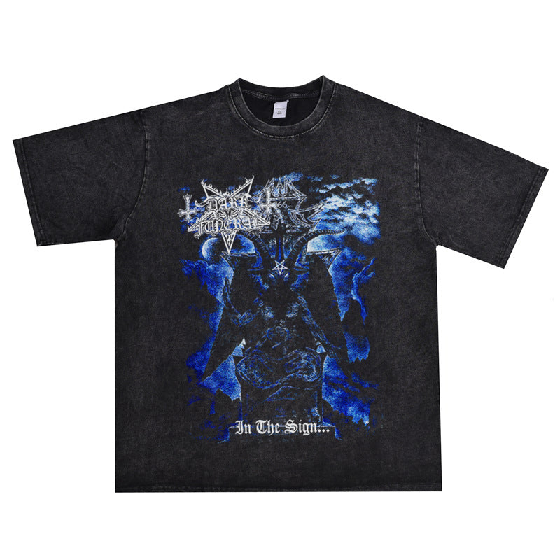 Rock Star T Shirt Dark Funeral Band Washed Distressed T-shirt Short Sleeve Men and Women Loose