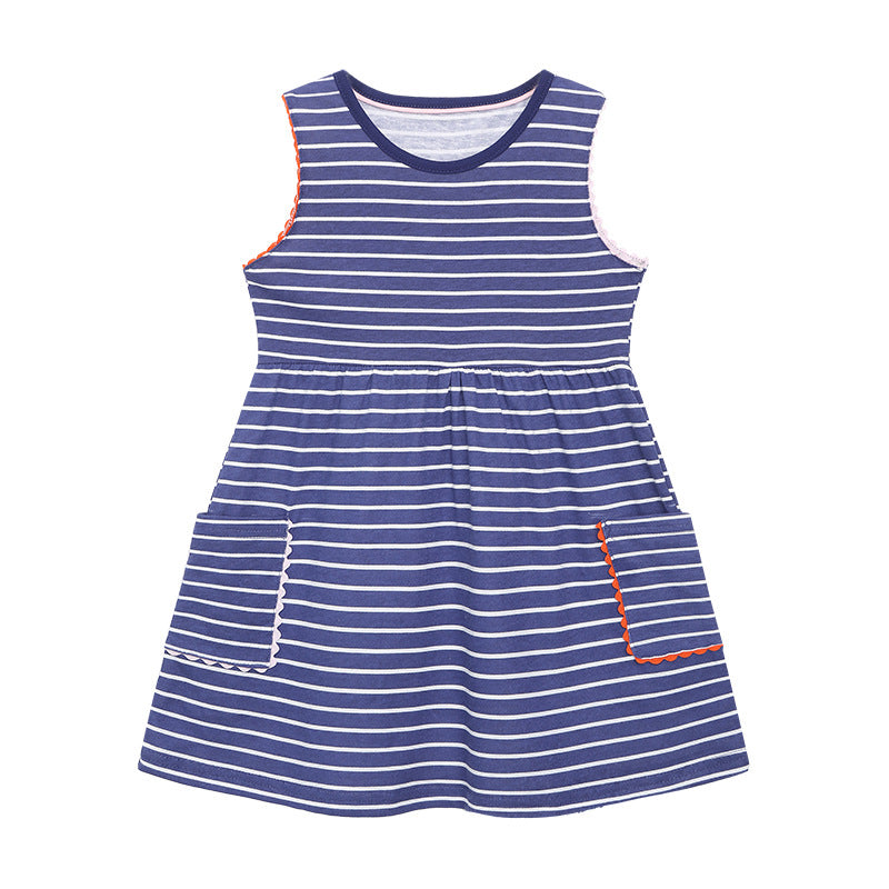 Girl Dress Summer Girls' Dress Vest Princess Dress Cute round Neck Pocket Children Shirt