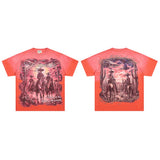 Majestik american street style retroprinting distressed loose hot diamond high street style tops short-sleeved t-shirt