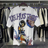 Meichao life husters masked tattoo angel print hotfix rhinestone lettering oversized casual short sleeve t-shirt