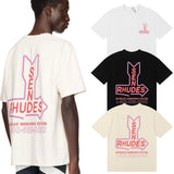 Rhude T Shirts Sunday Morning Fever Pink Arrow Print Men's and Women's Crew Neck Short Sleeves