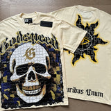 European and american high street gd rock heavy industry washed distressed skull letter speed short sleeve