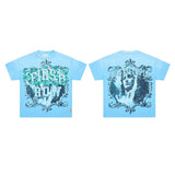High-quality american first row virgin direct injection retro hot diamond washed and distressed short-sleeved couple t