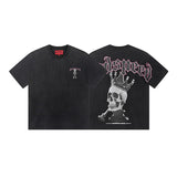 Cross-border gs american high street washed retro skull racing machine girl printing short-sleeved fashion