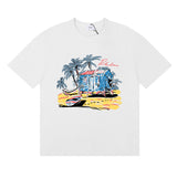 Rhude T Shirts Beach Coconut House Printed Cotton Casual Crew Neck Short Sleeve Men and Women